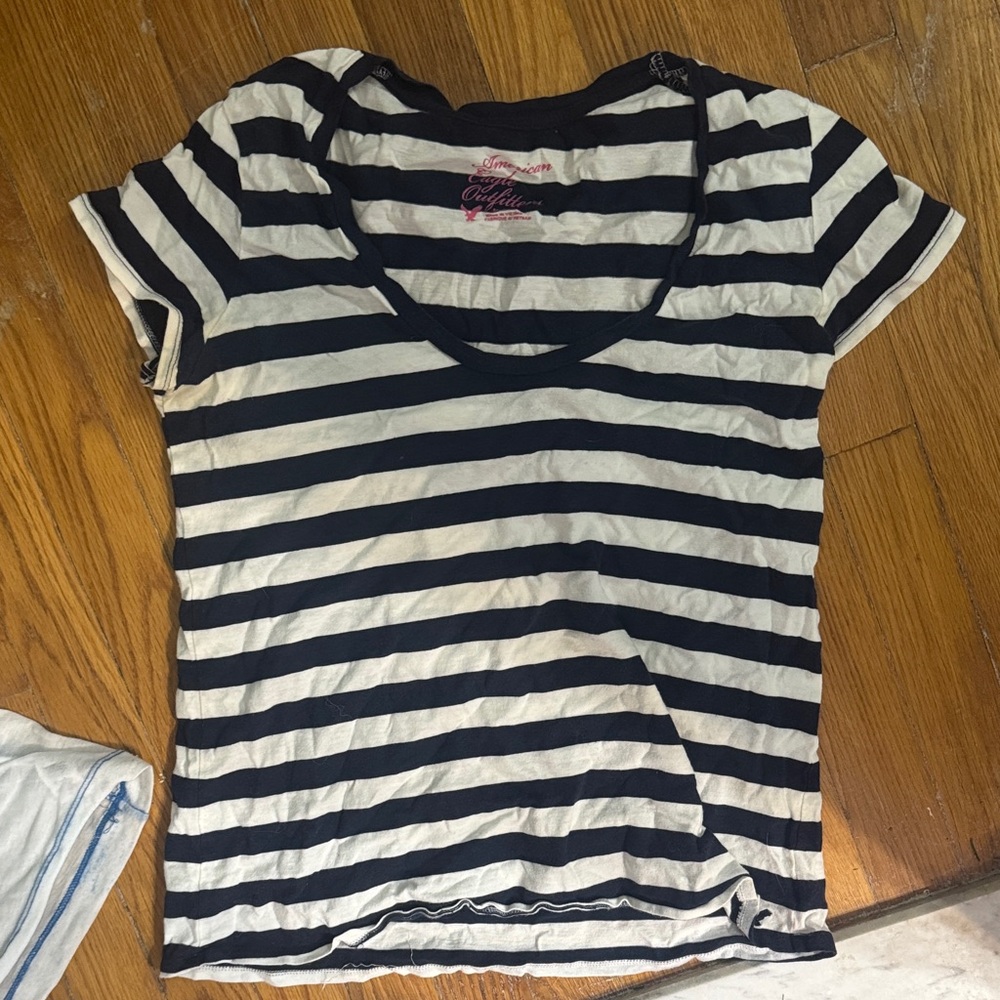 American Eagle Striped Navy and White Scoop Neck Women's Top